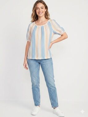 Jillian N NWOT Linen Blend Striped Blue and Yellow Women's Peasant Top